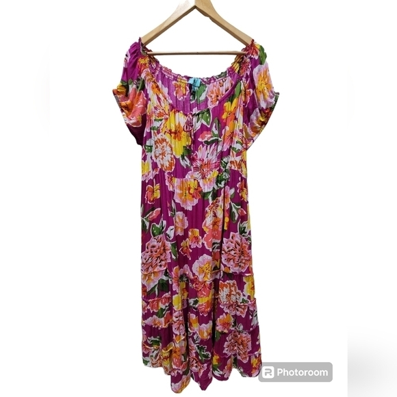 XL Multicolor Floral Off the Shoulder Maxi Dress Elastic Waist - Picture 1 of 8
